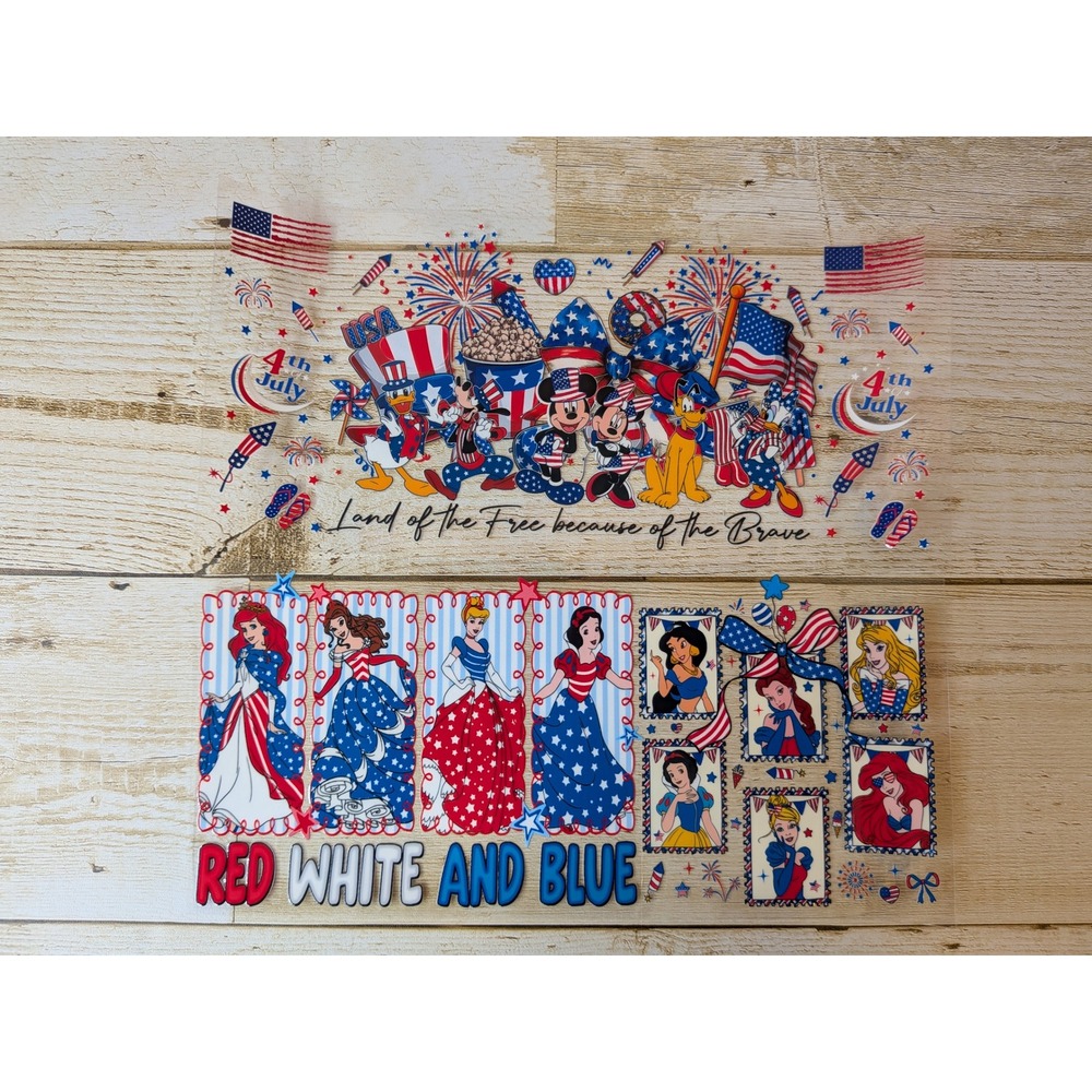 UV DTF Transfer 16 oz Cup Wrap Mickey Minnie Princess Red White Blue 4th of July